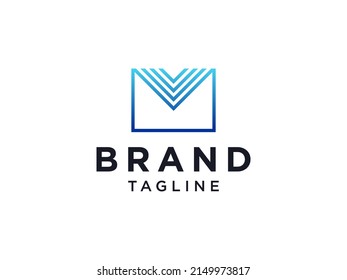 Blue Square Rounded Line Letter M Mail Logo. Flat Vector Logo Design Template Element.
