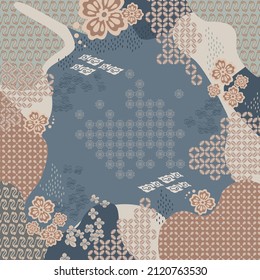 blue square scarf design with abstract floral and batik pattern