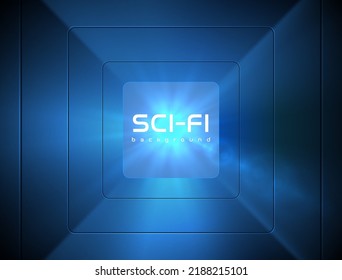 Luz azul cuadrada de la estrella espacial de ciencia ficción al final del diseño del túnel. Fondo del efecto de la luz de la lente central del vector. Afiche del vestíbulo azul, pancarta de tecnología. Resumen del fondo de tecnología geométrica