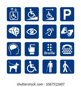 Blue square set of disability icons. Disabled icon set. Mental, physical, sensory, intellectual disability icons.