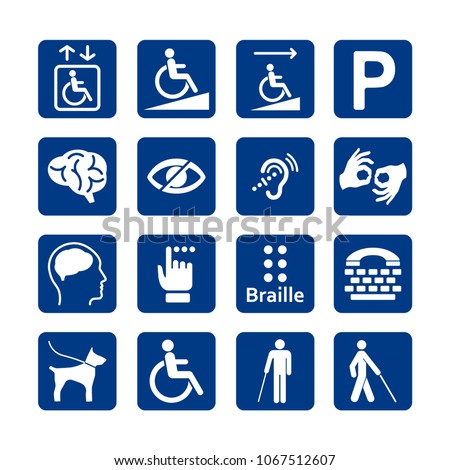 Blue square set of disability icons. Disabled icon set. Mental, physical, sensory, intellectual disability icons.