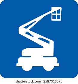 blue square sign, an articulated boom lift,  it has a wheeled base and an extendable arm with a platform at the end for elevation