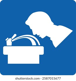 blue square sign,  a person drinking water from a Fontaine, public drinking water source.