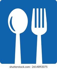blue square sign, spoon and fork, restaurant or eating facility