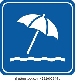Blue square sign with a white beach umbrella and wavy lines icon, indicating a public beach or swimming area. A universal symbol for coastal recreation and travel destinations.