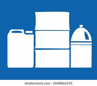 a blue square sign with white silhouettes of various containers: a jerrycan, a barrel and a jug or bottle. This commonly indicates an area for packaged goods, chemicals, or general material storage