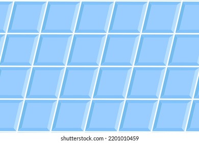 Blue square tile in diagonal arrangement. Bathroom or toilet ceramic wall or floor texture. Interior or exterior mosaic background. Indoor or outdoor surface decoration seamless pattern.