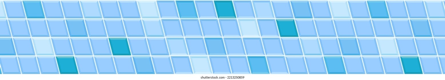 Blue square tile in diagonal arrangement. Interior or exterior decoration mosaic surface. Swimming pool floor background. Bathroom or toilet ceramic wall texture. Vector flat illustrationt