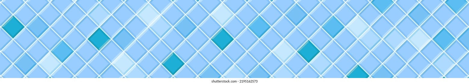 Blue square tile diagonal seamless pattern. Interior or exterior decoration mosaic surface. Swimming pool floor background. Bathroom or toilet ceramic wall texture. Vector flat illustration