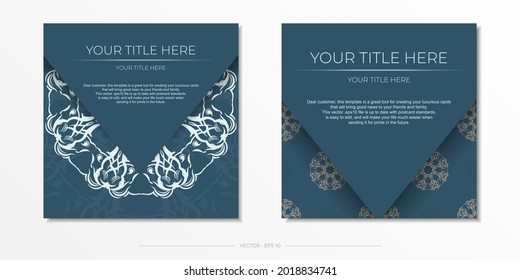 Blue square vector greeting cards with luxurious light patterns. Invitation card design with vintage ornament.