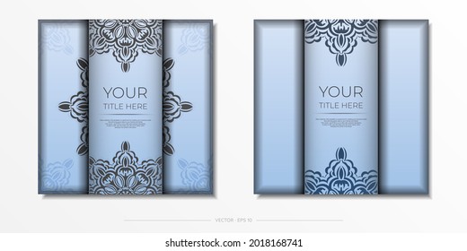 Blue square vector postcards with luxurious black patterns. Invitation card design with vintage ornament.