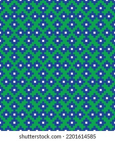 Blue square and white dot cross-stitch knitting pattern on green background. Blue square and white dots on green backdrop. Colored fabric pattern design for sale. Knitting handicraft art.