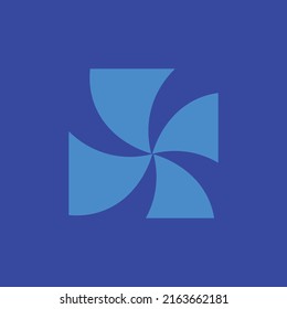 Blue square windmill vector logo within darker blue background.