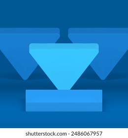 Blue squared 3d podium pedestal with triangle wall background realistic vector illustration. Trendy geometric advertising display stand showcase for shopping sale product presentation show