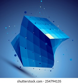 Blue squared 3D vector abstract technology illustration, perspective geometric grid background with wire mesh.