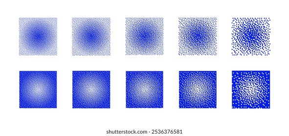 Blue Squares With Different Resolution of Bitmap Dither Radial Gradient Vector Set Isolated On White Background. Retro Technology 8Bit Pixel Graphic Style Design Element Clip Art with Various Textures