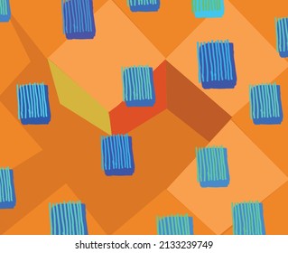 Blue squares on the background of abstract figures 