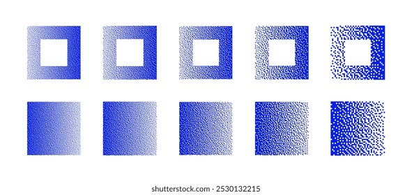 Blue Squares With Various Resolution of Bitmap Dither Gradient Vector Set Isolated On White Background. Retro 8 Bit Pixel Art Graphics Style Rectangle Shapes Various Texture Design Elements Collection