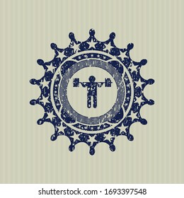 Blue squat icon inside distressed grunge seal