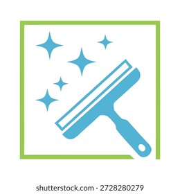 Blue squeegee with sparkles in green square on white background icon