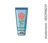 A blue squeeze tube with a cap, decorated with a stylized red flower and green stem.