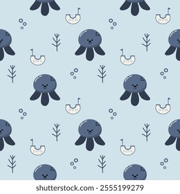 Blue squid cartoon so cute. On ship bubbles seaweed light blue background. Pattern seamless vector illustration. 