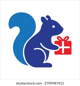 Esquilo azul segurando uma caixa de presente vermelha com fita branca