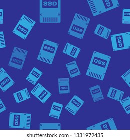 Blue SSD card icon isolated seamless pattern on blue background. Solid state drive sign. Storage disk symbol. Vector Illustration