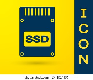 Blue SSD card icon isolated on yellow background. Solid state drive sign. Storage disk symbol. Vector Illustration