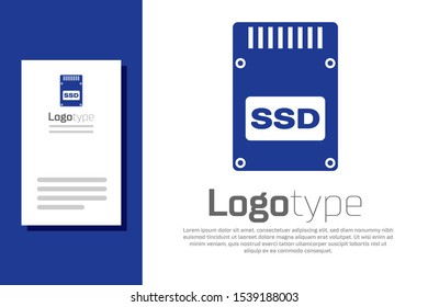 Blue SSD card icon isolated on white background. Solid state drive sign. Storage disk symbol. Logo design template element. Vector Illustration