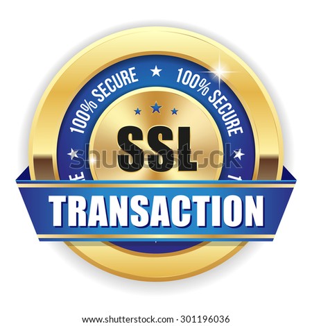 Blue ssl secure transaction badge with gold border