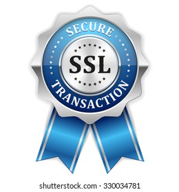 Blue ssl secure transaction rosette with silver border on white background