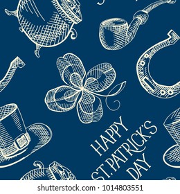 Blue St Patricks Day seamless pattern with clover hat horseshoe smoking pipe pot of gold coins vector illustration