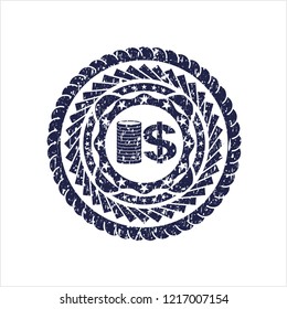Blue stack of coins icon inside rubber grunge stamp
