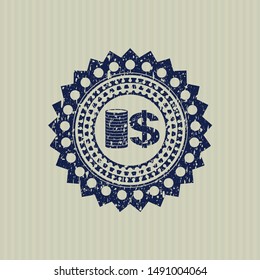 Blue stack of coins icon inside rubber seal