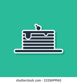 Blue Stack of pancakes icon isolated on green background. Baking with syrup and cherry. Breakfast concept.  Vector Illustration