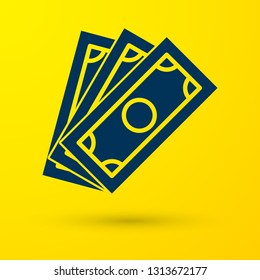 Blue Stacks paper money cash icon isolated on yellow background. Money banknotes stacks. Bill currency. Vector Illustration