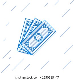 Blue Stacks paper money cash line icon isolated on white background. Money banknotes stacks. Bill currency. Vector Illustration