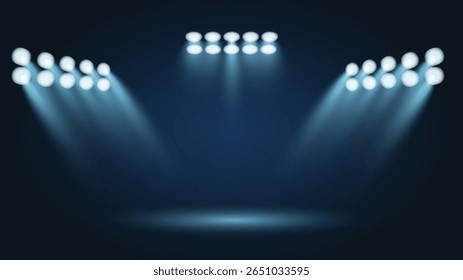Fondo de proyector de estadio azul con vigas brillantes y escenario vacío perfecto para eventos deportivos, presentaciones de conciertos y diseños digitales modernos