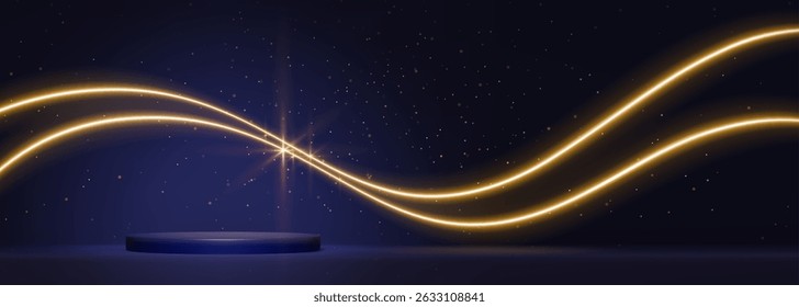 Blue stage backdrop with golden light line waves and glitter flowing on dark bg. Shimmering particles float above platform. Magical atmosphere for presentation, performance or luxury product display.