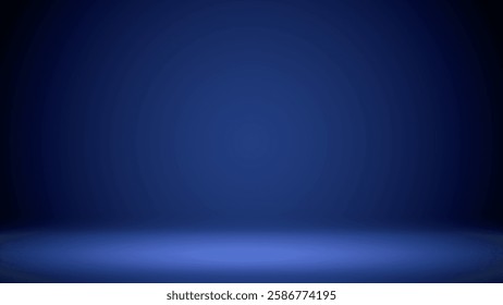 Blue stage background. Minimalist dim interior studio room illuminated by a spotlight. Backdrop for displaying products, presentation, advertising. Showcase. Vector illustration