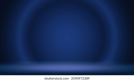 Blue stage background. Minimalist dim interior studio room. Backdrop for montage displaying products presentation, advertising. Showcase. Template layout for ad. Circular gradient. Vector illustration