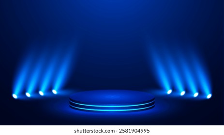 Blue stage background with neon and spotlights. display podium Futuristic.