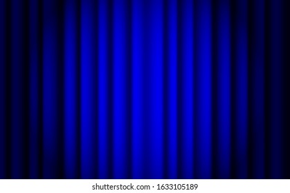 Blue stage curtain realistic vector. Closed silky luxury blue curtain stage background spotlight. Blue stage curtains with spot light.