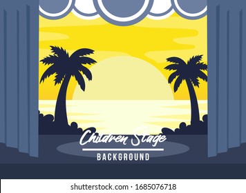 Blue stage with curtain and sunset background. Flat Vector Illustration. Kids Design Background. Web vector illustration. Vector Background.
