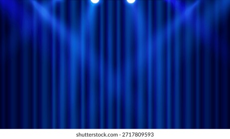 Blue Stage curtains with stage spotlight background and golden ties. Blue curtain with many folds background texture.