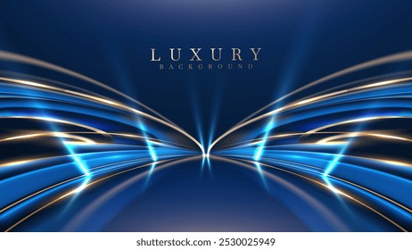 Blue stage decorated with golden lights and spotlights, elegant background design concept with free space for placing merchandise or award ceremonies.