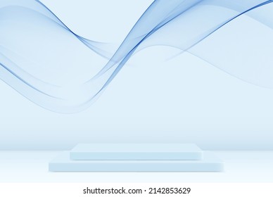 Blue stage, minimal stage background 3d product rendering pedestal blue pastel stage and transparent abstract smoke wave.