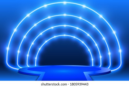 blue stage and blue neon light in a studio room