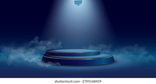 Blue stage podium with dramatic spotlight and fog.